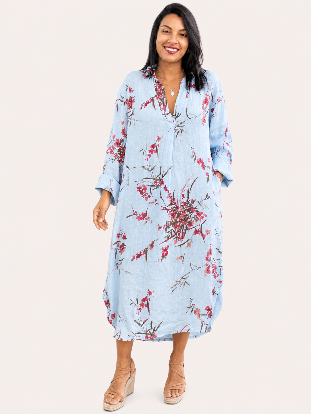 Vestido Ml Midi Flores Cuello Mao