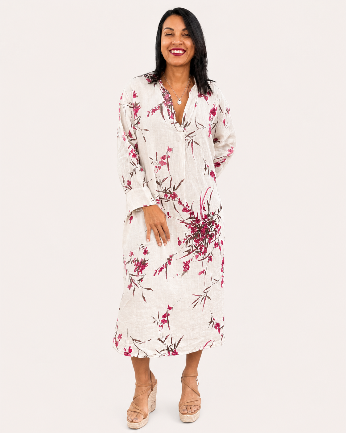 Vestido Ml Midi Flores Cuello Mao
