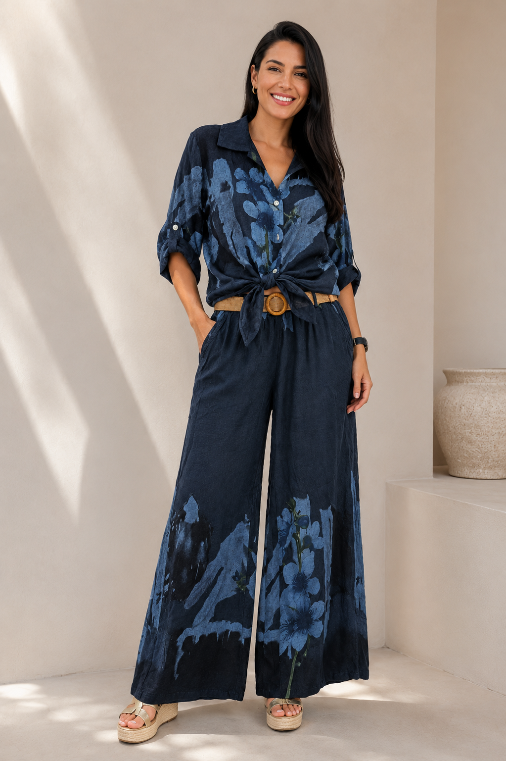 Pantalon Correa Medio Flores Lino R.5553