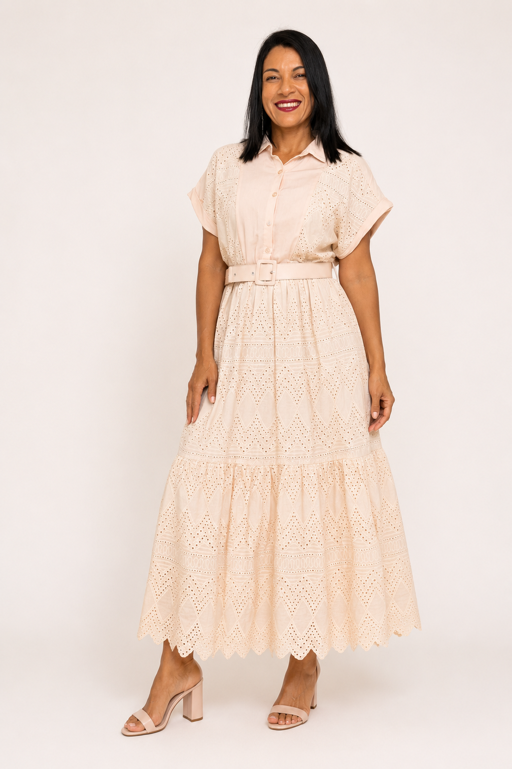 VESTIDO MC LARGO BRODERIE BEIGE