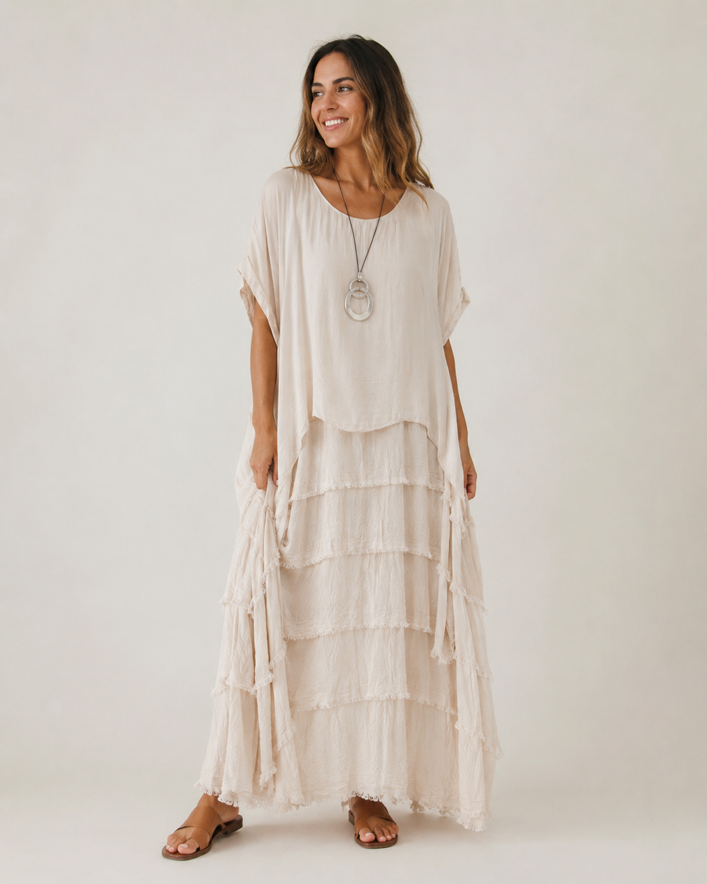 Vestido Largo Flecos Seda