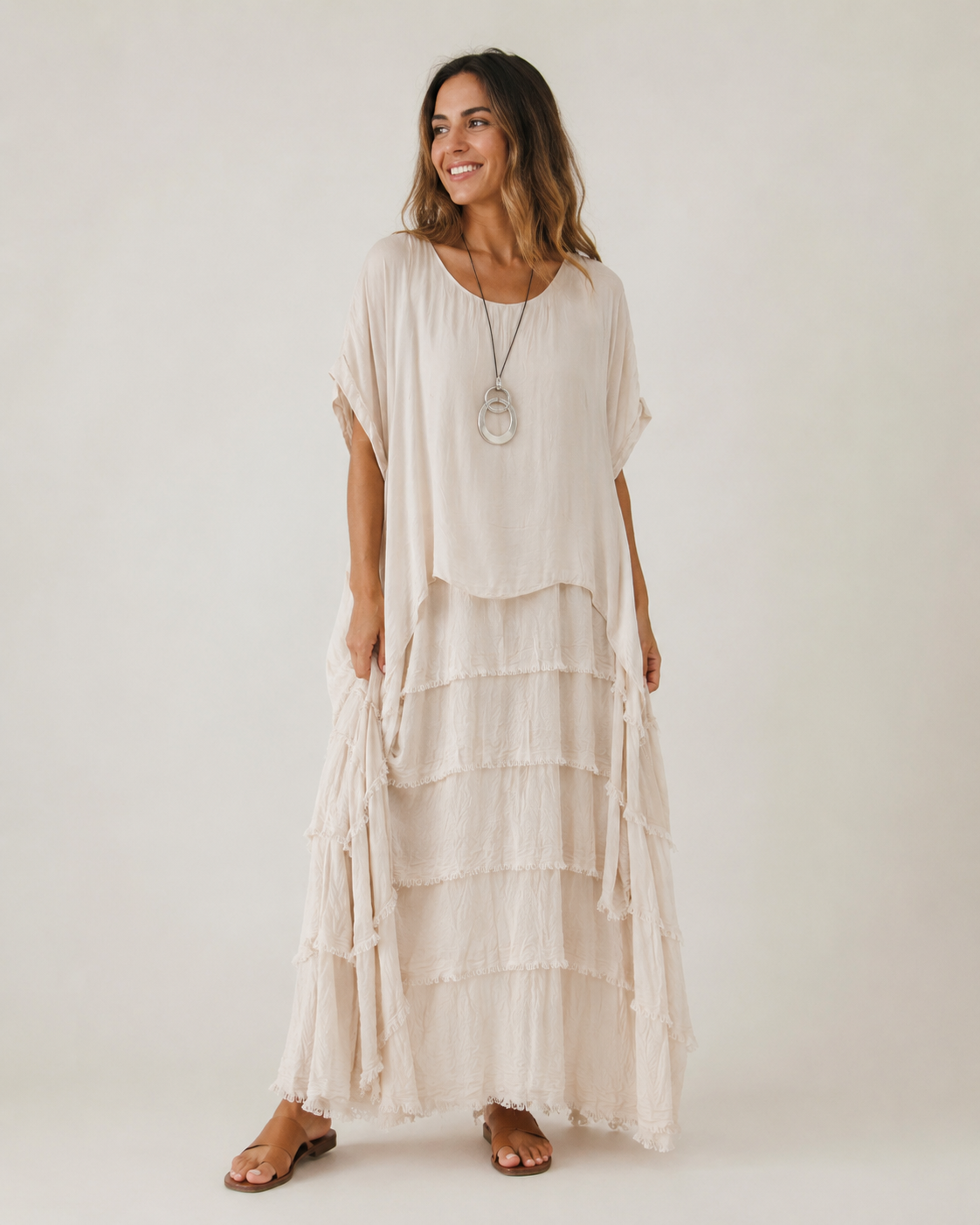 Vestido Largo Flecos Seda