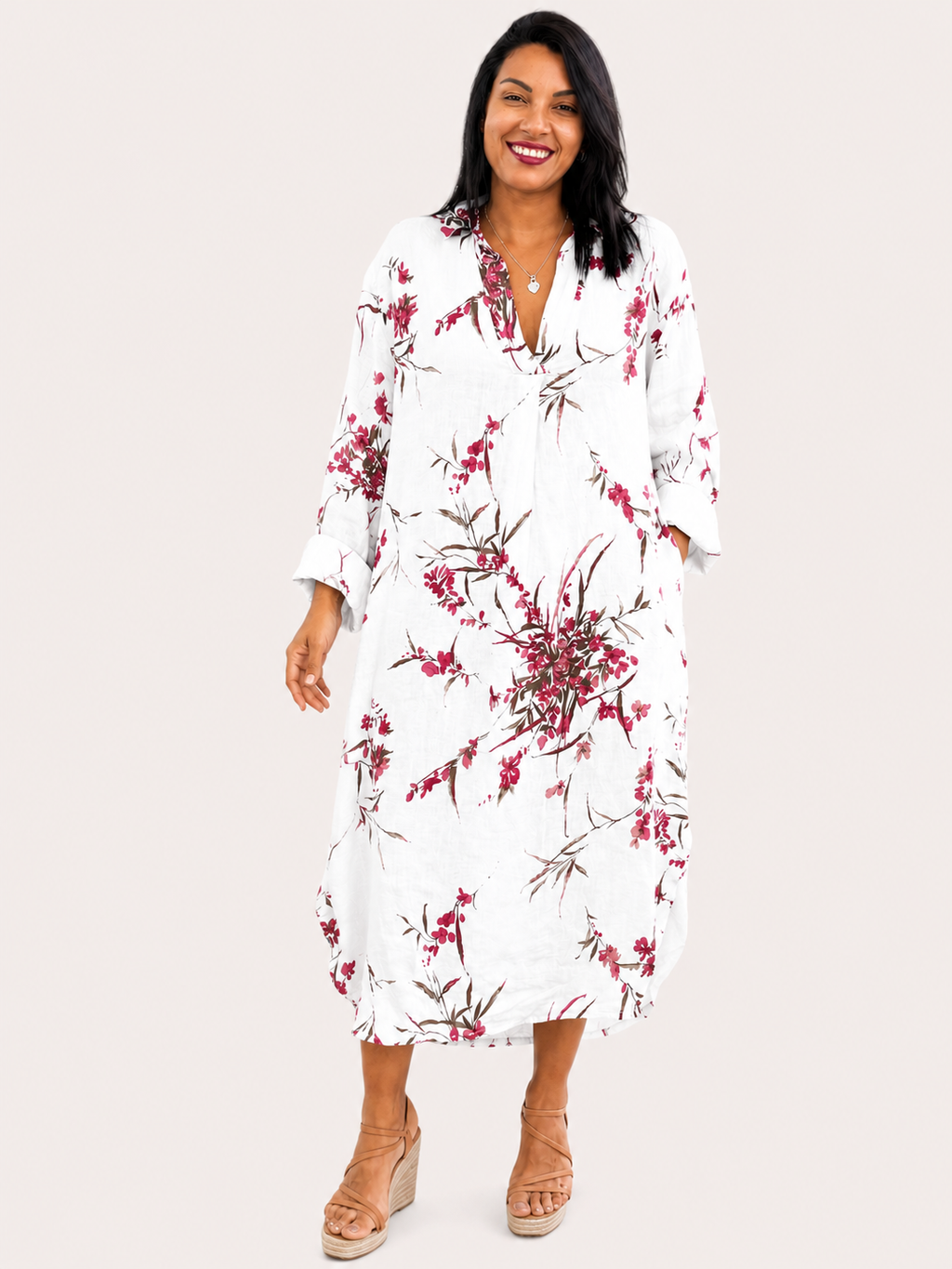 Vestido Ml Midi Flores Cuello Mao